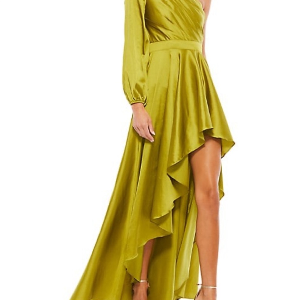 Satin gown, one-shoulder neckline.
